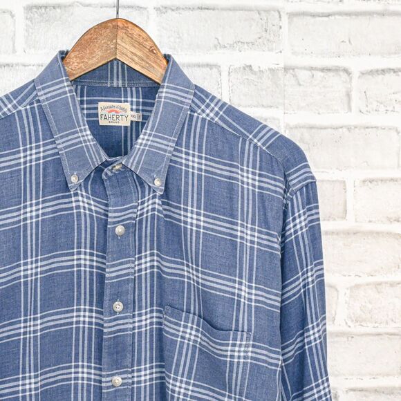 Faherty Brand Men's Cotton Blue white Plaid Button Down Shirt size 2XL - Picture 4 of 9